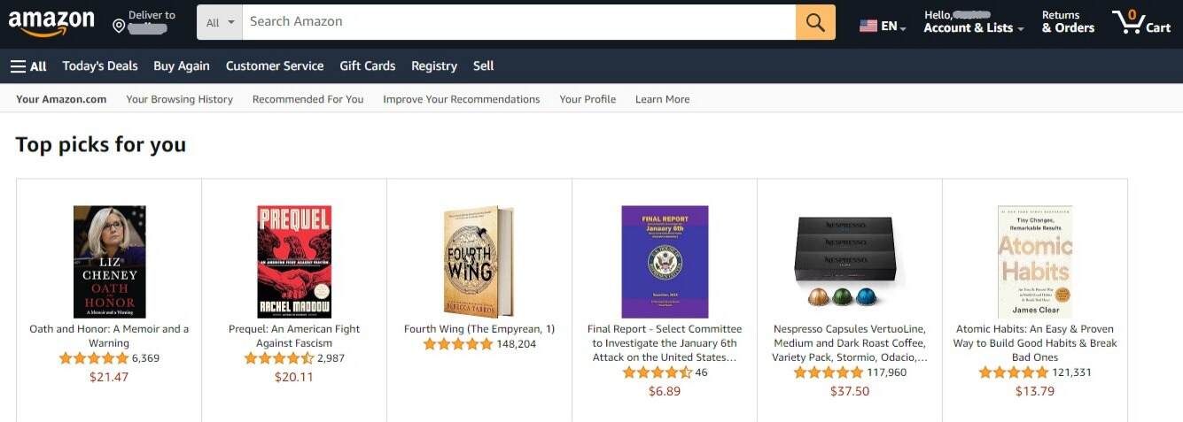 Amazon Personalised recommendations