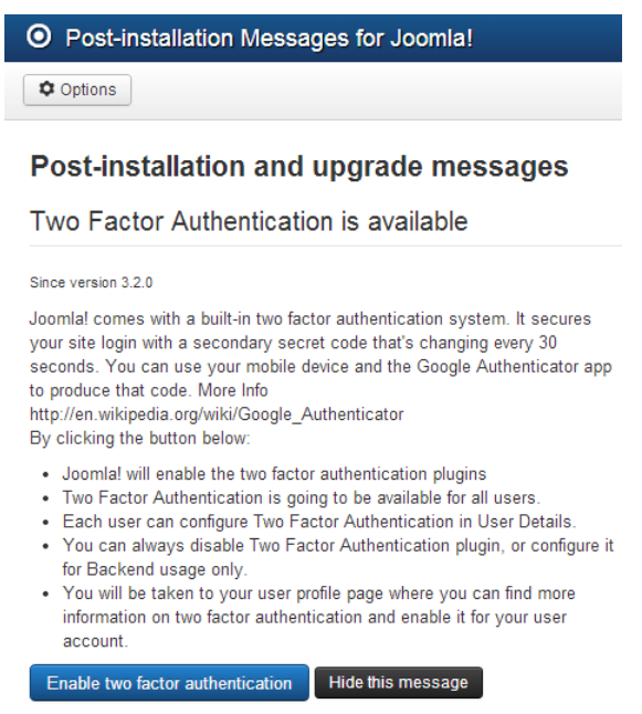 Post installation message from Joomla